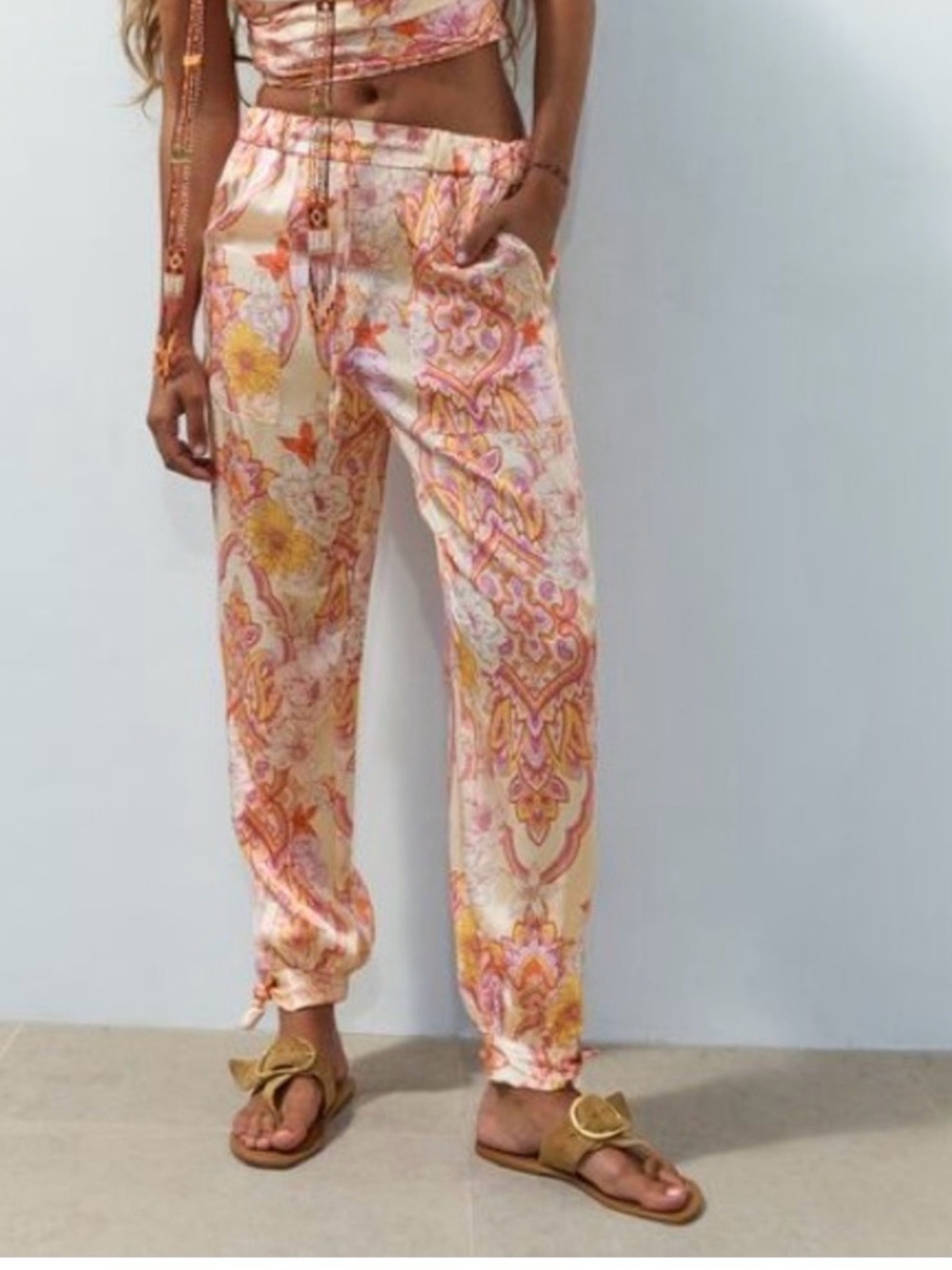 Zara Printed Relaxed Satin Jogger Pants - Pink, Yellow & Orange